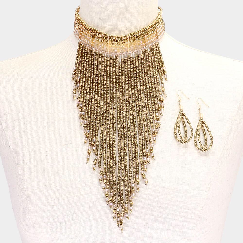 Gold seed bead necklace set